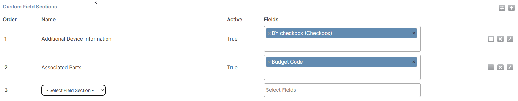 Manage Asset Types page, Custom Field Sections.