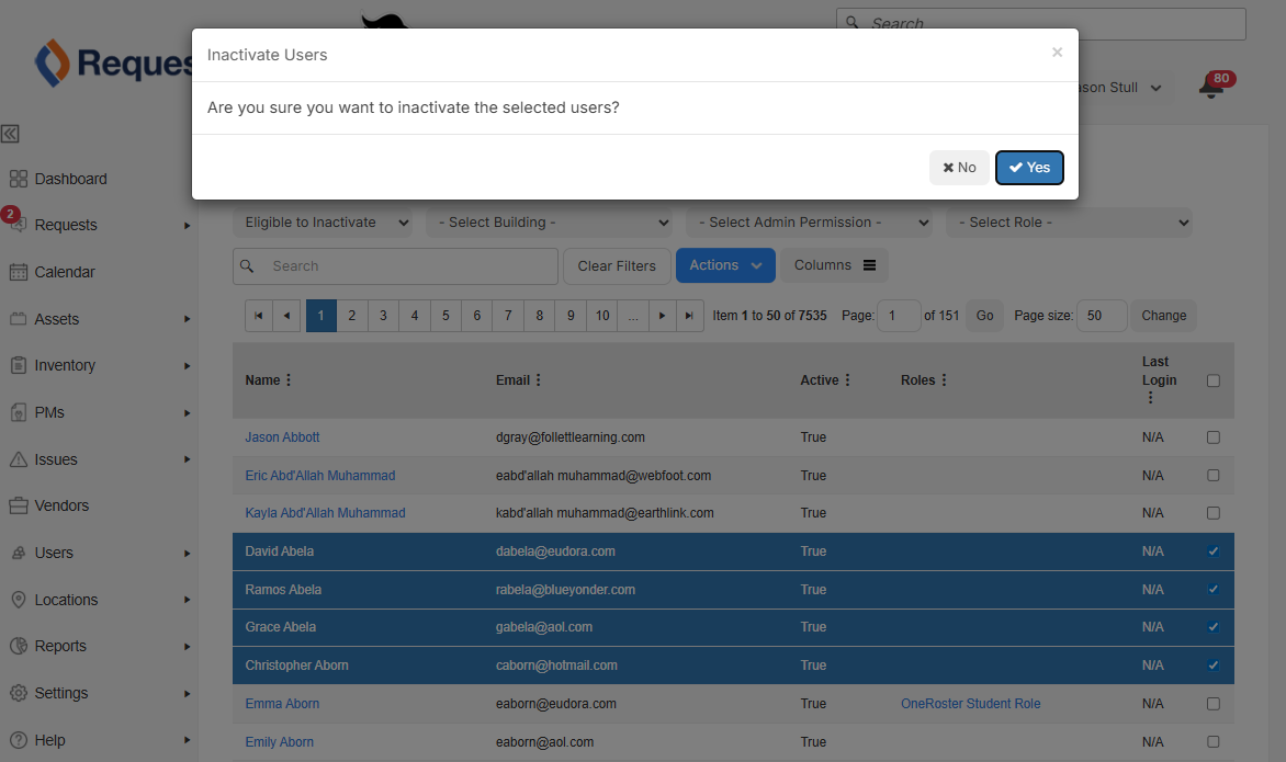 Inactivate users pop-up confirmation message.