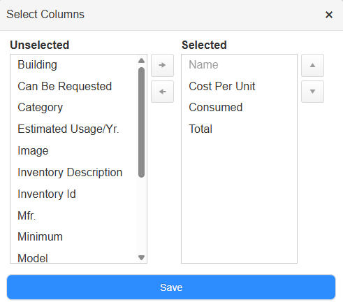 Select Columns pop-up.