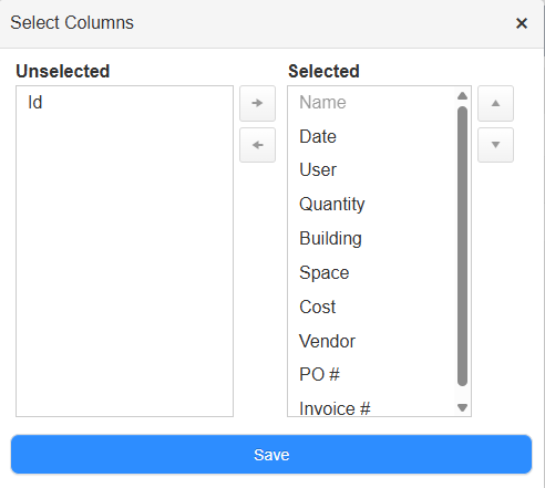 Select Columns pop-up.