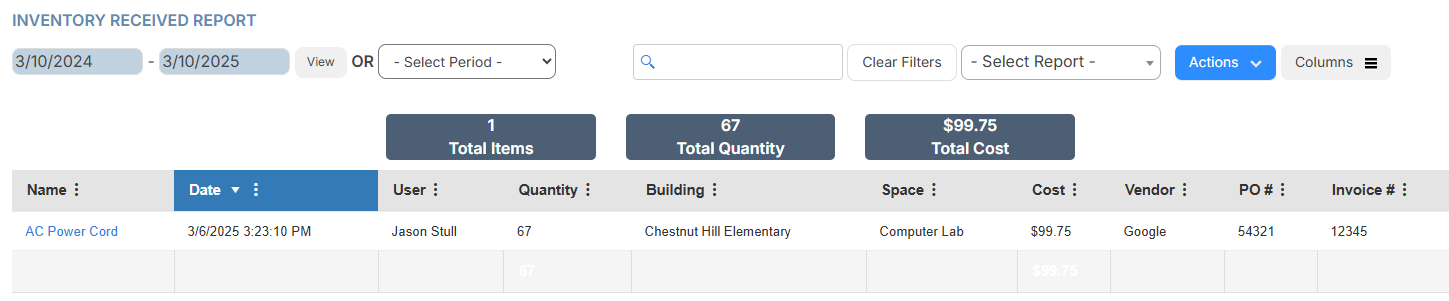 Inventory Received Report page.