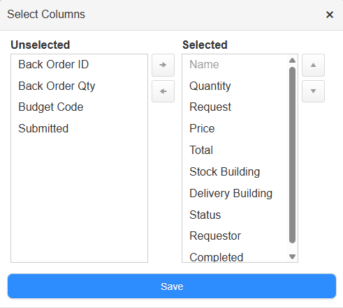 Select Columns pop-up.