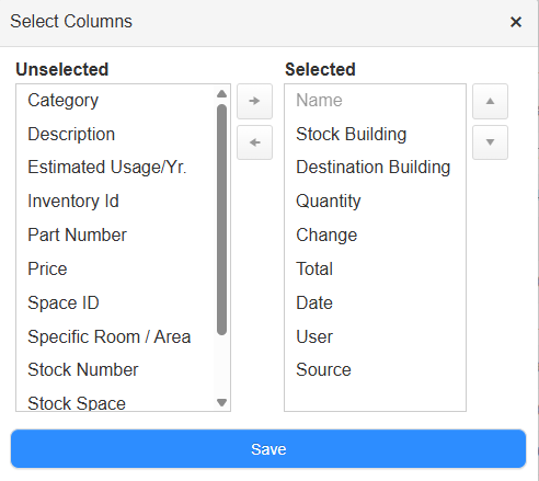 Select Columns pop-up.