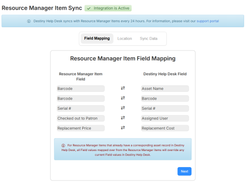Resource Manager Item Sync Field Mapping tab.