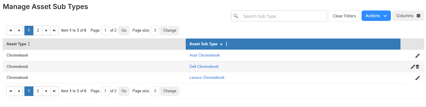 Manage Asset Sub Types page.