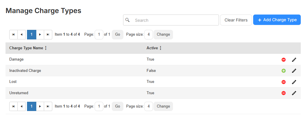 Manage Charge Types page.