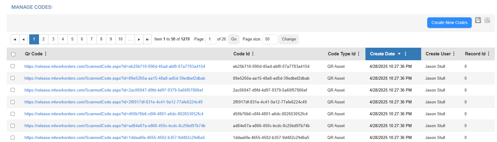 Manage Codes page.