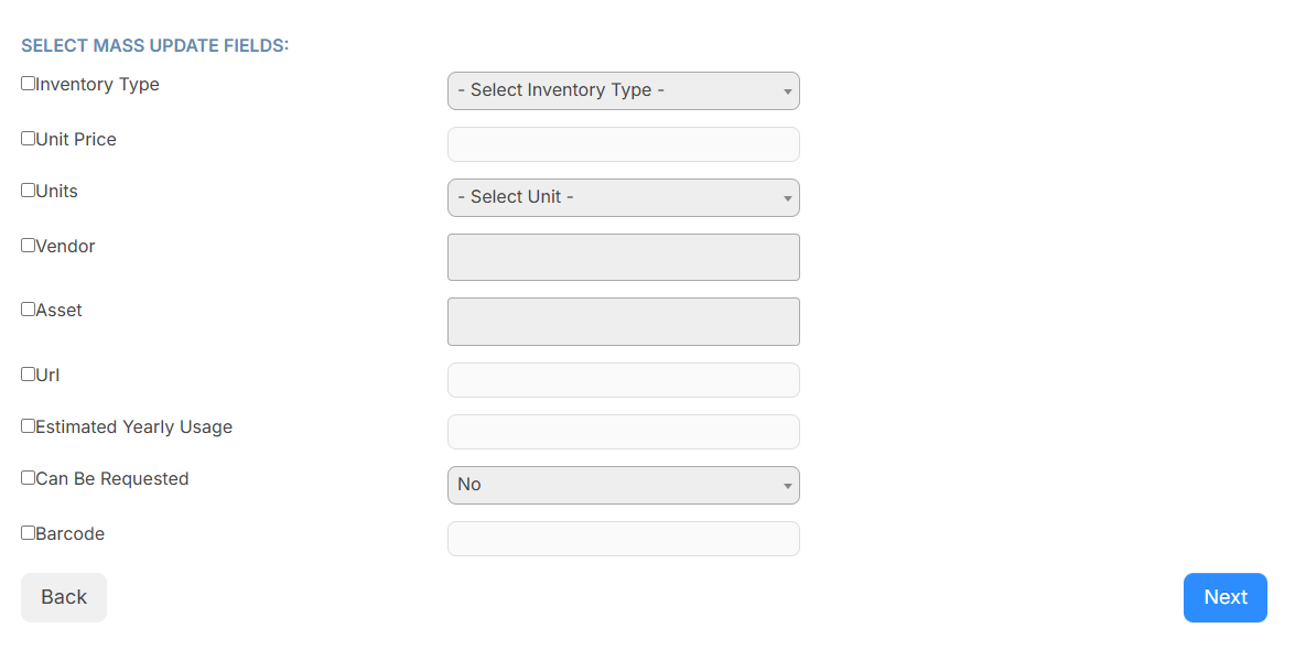 Mass update inventory fields.