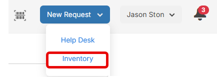 New Request drop-down in header open to show Inventory.
