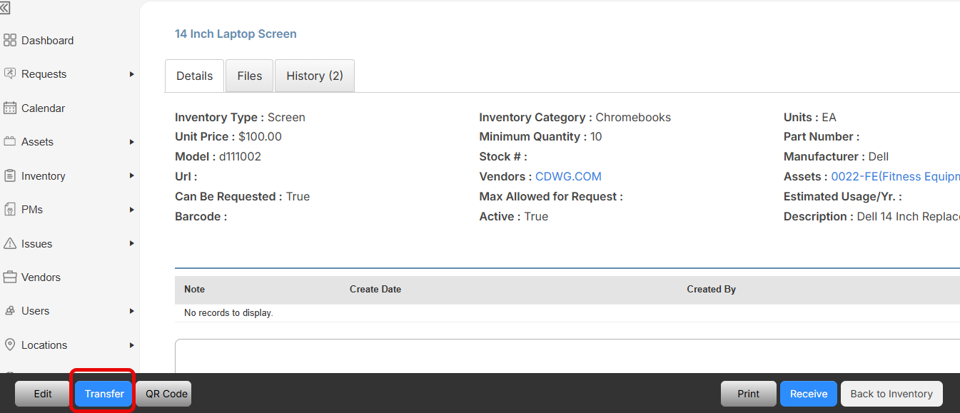 Inventory details page with Transfer button circled.